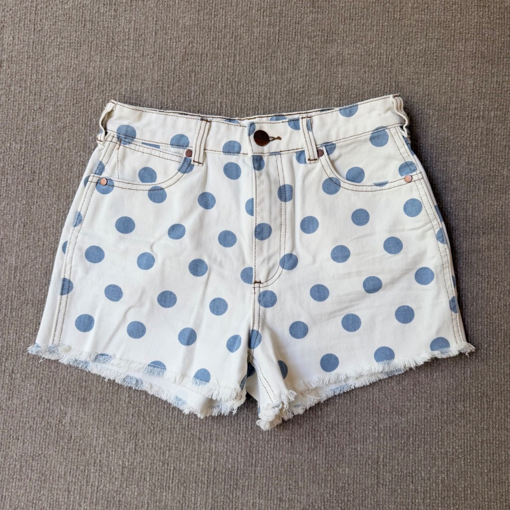 Billabong x Wrangler Polka Dot High Waisted Denim Shorts White Blue 26 - Picture 2 of 7